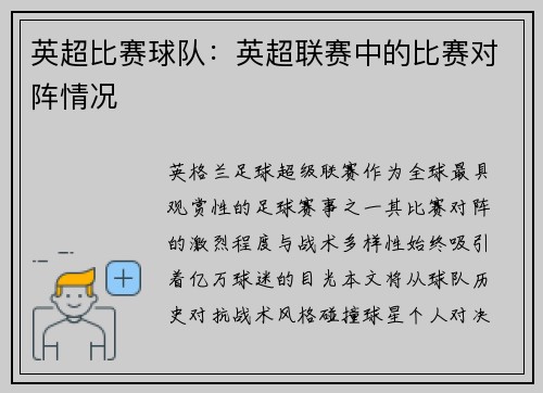 英超比赛球队：英超联赛中的比赛对阵情况