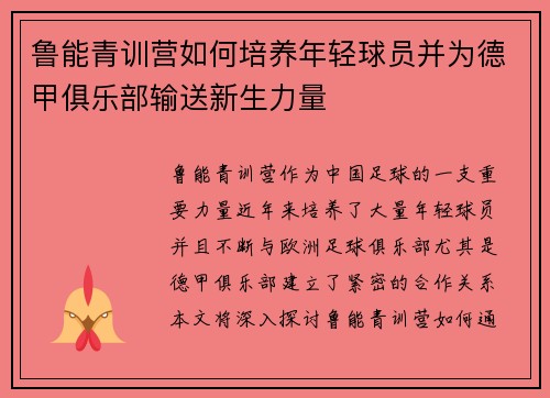 鲁能青训营如何培养年轻球员并为德甲俱乐部输送新生力量