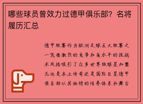 哪些球员曾效力过德甲俱乐部？名将履历汇总
