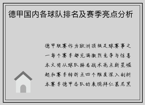 德甲国内各球队排名及赛季亮点分析
